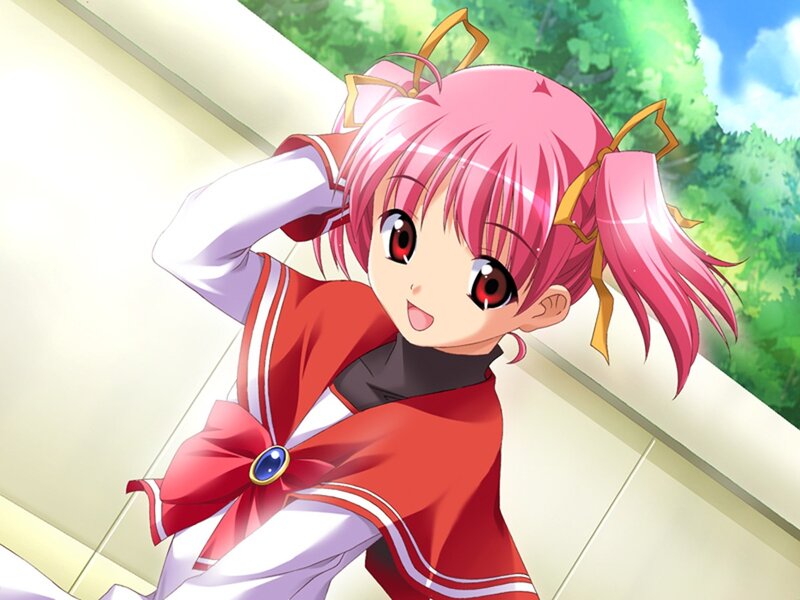 Pink-haired Anime Girl — Pink, Cheerful, Afternoon, Red Bow