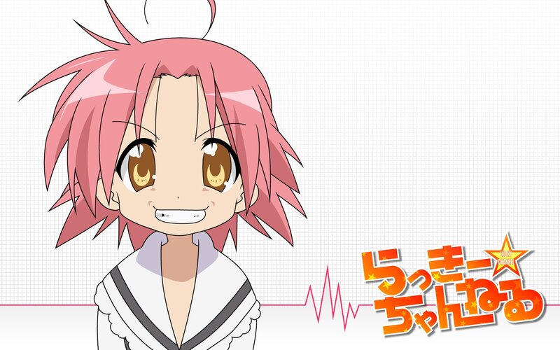 Pink-haired Anime Girl — Pink, Cheerful, Anime Character, Text Logo, Grid Background