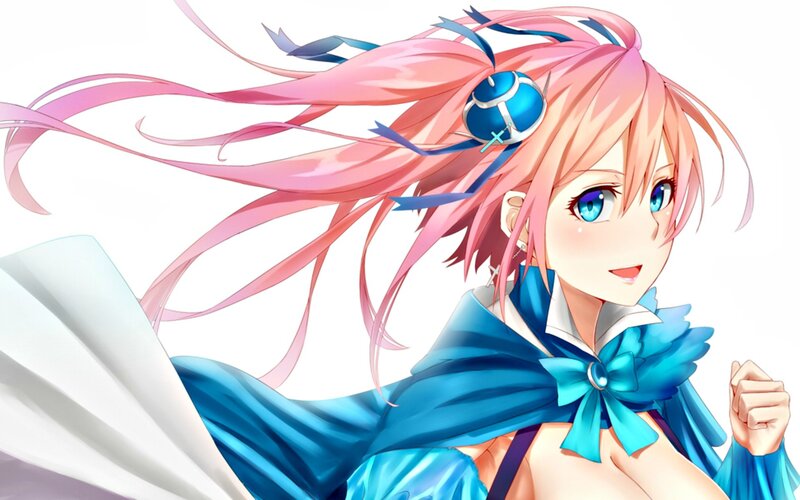 Pink-haired Anime Girl — Pink, Cheerful, Blue Cloak