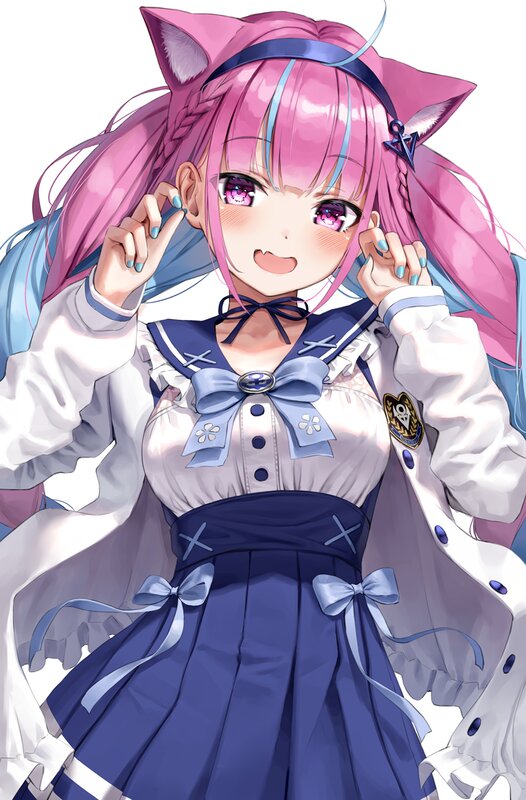 Pink-haired Anime Girl — Pink, Cheerful, Cat Ears, School Uniform, Blue Bow