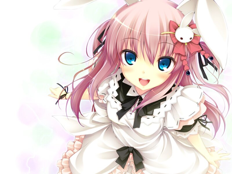 Pink-haired Anime Girl — Pink, Cheerful, Rabbit Ears, Blue Eyes