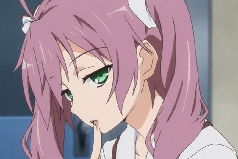 Pink-haired Anime Girl — Pink, Contemplative, Green Eyes