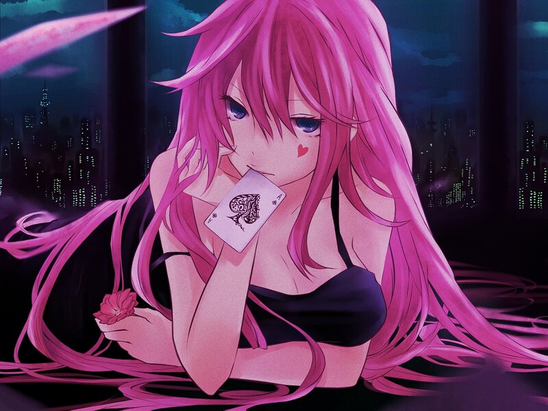 Pink-haired Anime Girl — Pink, Dramatic, Night, Playing Card