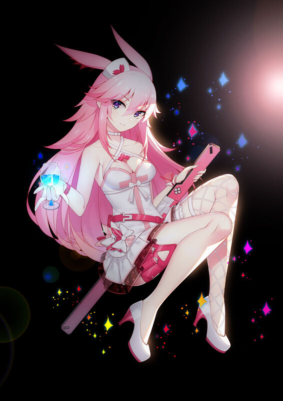 Pink-haired Anime Girl — Pink, Dramatic, Night, Rabbit Ears, Sword