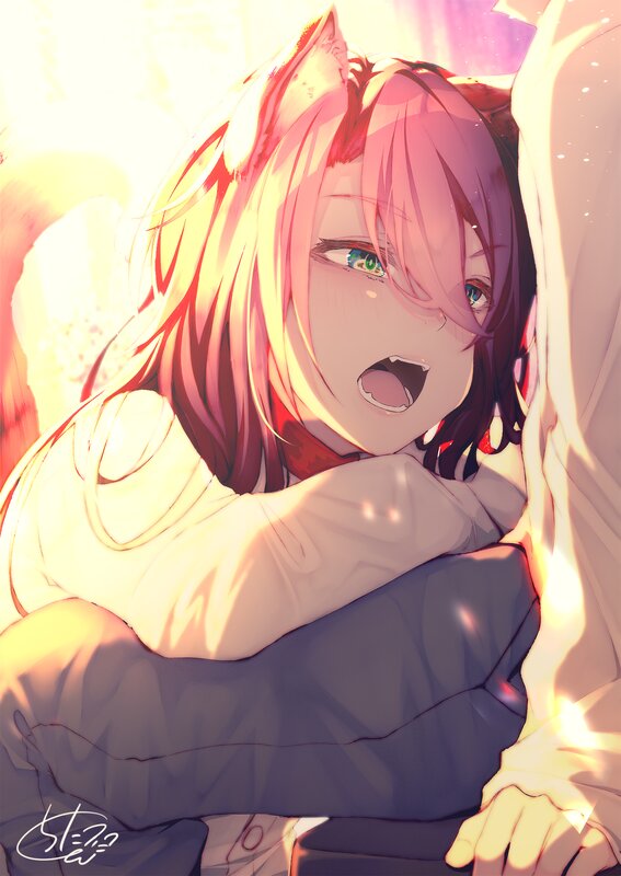 Pink-haired Anime Girl — Pink, Dramatic, Sunset, Cat Ears