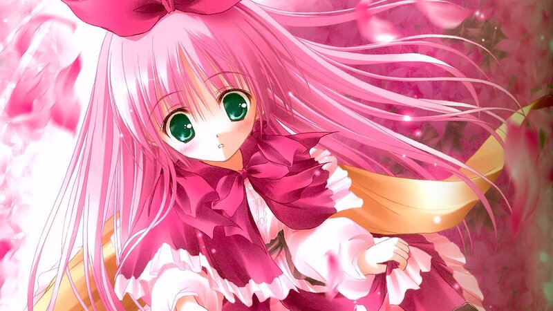 Pink-haired Anime Girl — Pink, Dreamy, Green Eyes, Bow