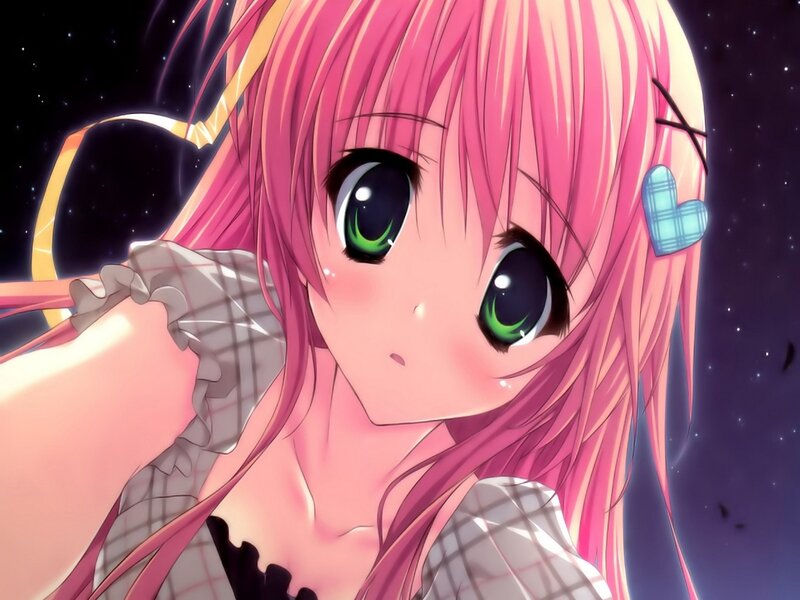 Pink-haired Anime Girl — Pink, Dreamy, Night, Green Eyes