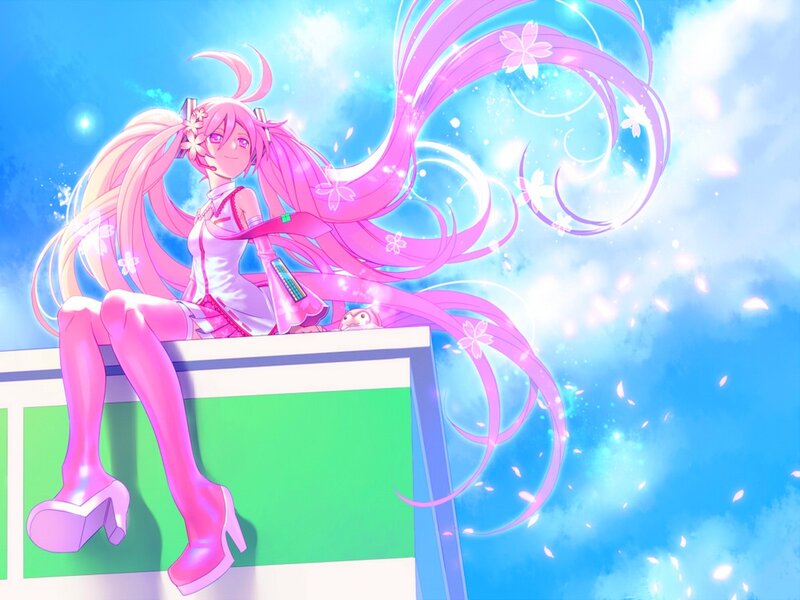 Pink-haired Anime Girl — Pink, Dreamy, Spring, Cherry Blossoms, Clouds