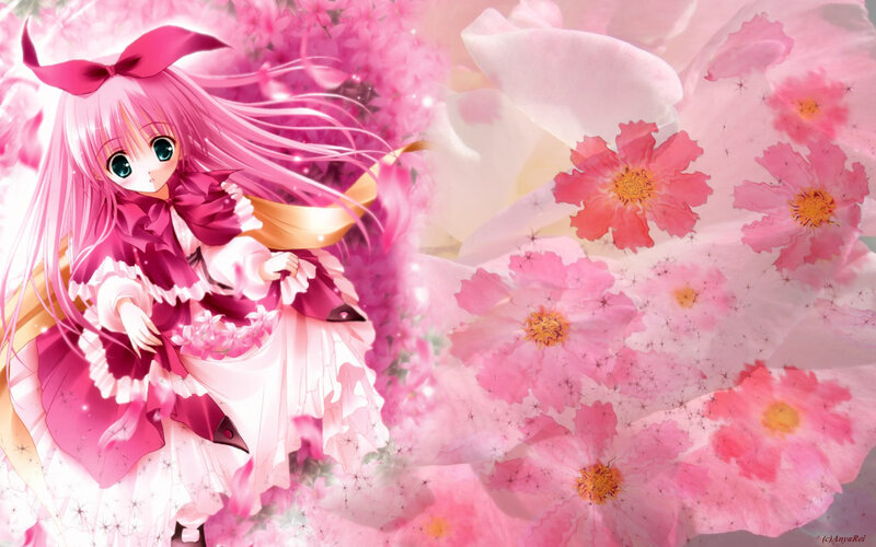 Pink-haired Anime Girl — Pink, Dreamy, Spring, Flowers, Bow