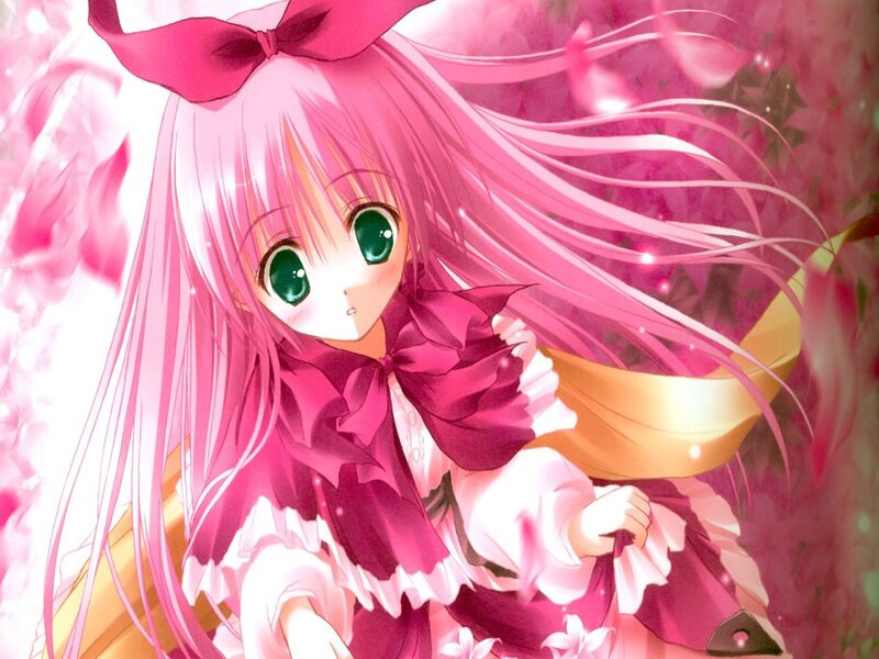 Pink-haired Anime Girl — Pink, Dreamy, Spring, Green Eyes