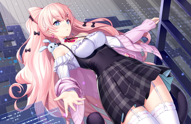 Pink-haired Anime Girl — Pink, Dynamic, Night, Plaid Skirt