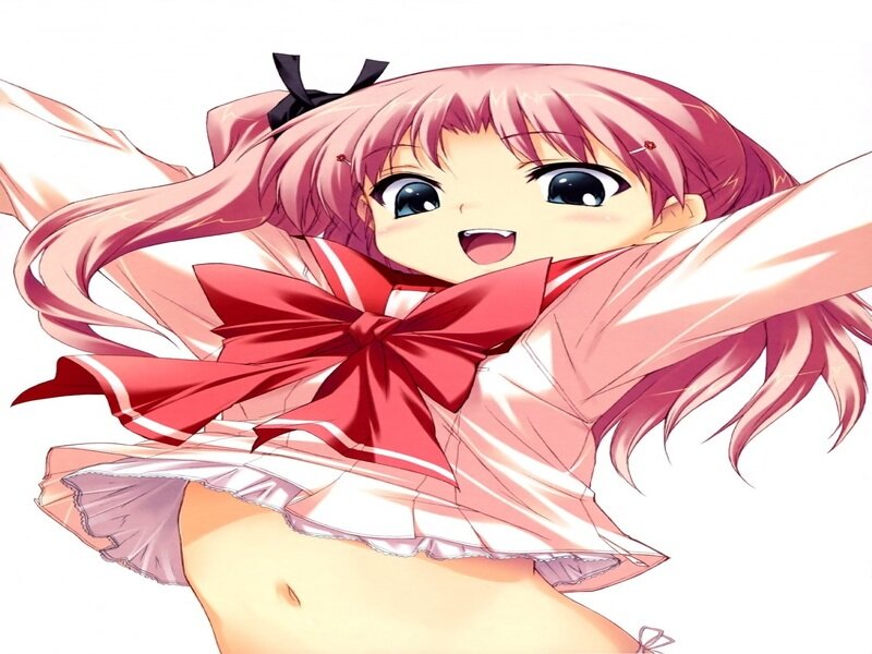 Pink-haired Anime Girl — Pink, Happy, Red Bow