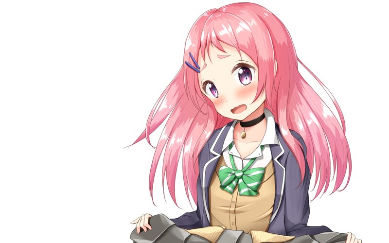 Pink-haired Anime Girl — Pink, Innocent, School Uniform, Green Bow