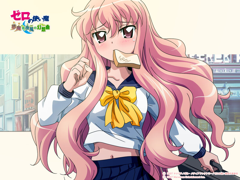 Pink-haired Anime Girl — Pink, Playful, Afternoon, School Uniform, Bread