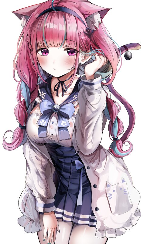 Pink-haired Anime Girl — Pink, Playful, Cat Ears, Cat Tail, Bow