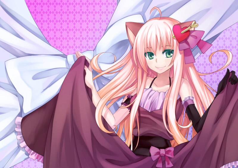 Pink-haired Anime Girl — Pink, Playful, Cat Ears, Heart Bow