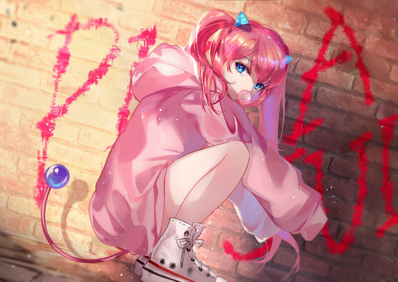 Pink-haired Anime Girl — Pink, Playful, Digital Art, Brick Wall