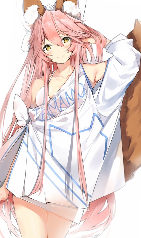 Pink-haired Anime Girl — Pink, Playful, Fox Ears, Tail, White Outfit