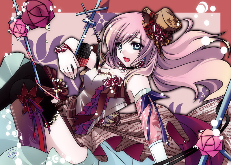 Pink-haired Anime Girl — Pink, Playful, Microphone, Rose, Newspaper, Hat