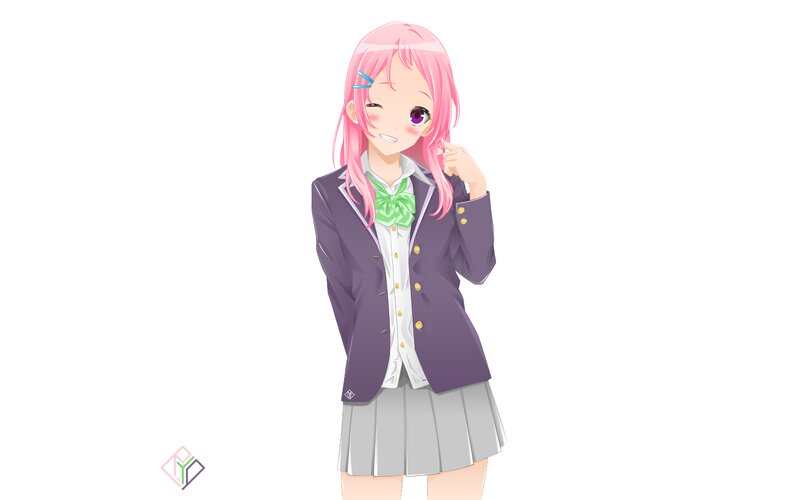 Pink-haired Anime Girl — Pink, Playful, School Uniform, Winking, Green Bow