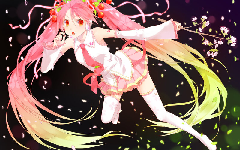 Pink-haired Anime Girl — Pink, Playful, Spring, Cherry Blossoms, Ribbons, Music Notes