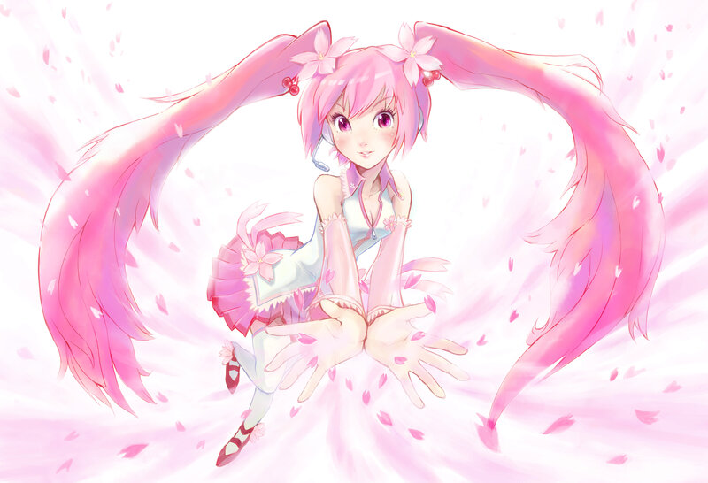 Pink-haired Anime Girl — Pink, Playful, Spring, Digital Art, Cherry Blossoms, Microphone