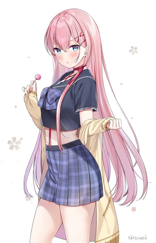Pink-haired Anime Girl — Pink, Playful, Spring, Lollipop, School Uniform