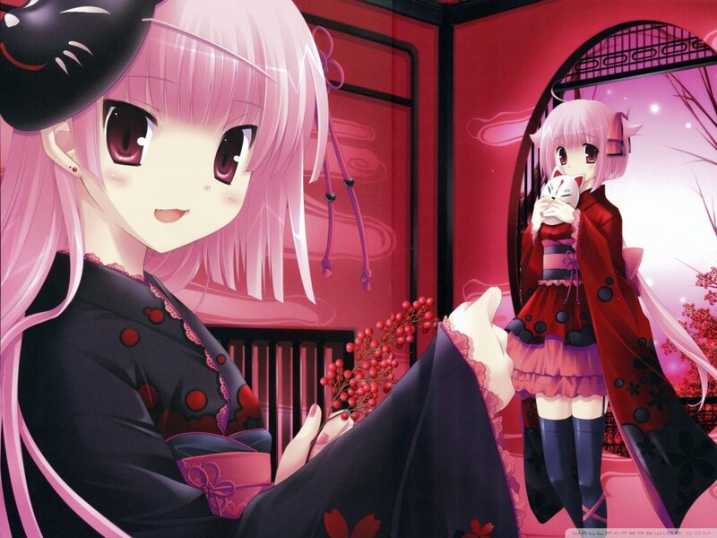 Pink-haired Anime Girl — Pink, Serene, Night, Cat Mask