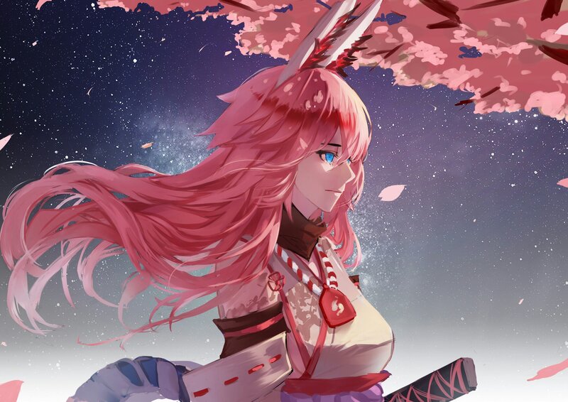 Pink-haired Anime Girl — Pink, Serene, Night, Cherry Blossoms