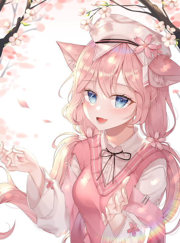 Pink-haired Anime Girl — Pink, Serene, Spring, Cherry Blossoms, Cat Ears, Hat