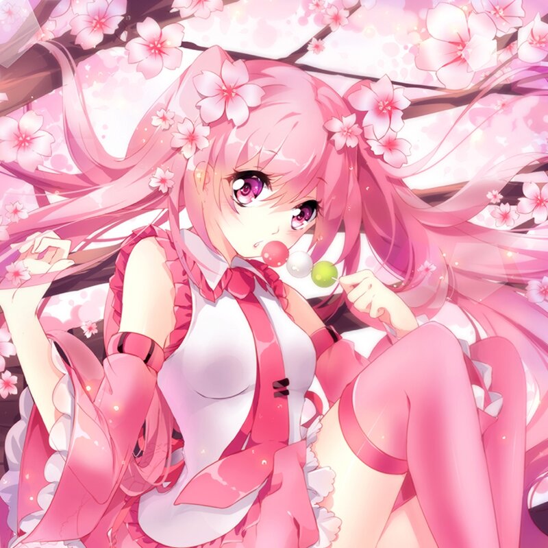 Pink-haired Anime Girl — Pink, Serene, Spring, Cherry Blossoms, Lollipop