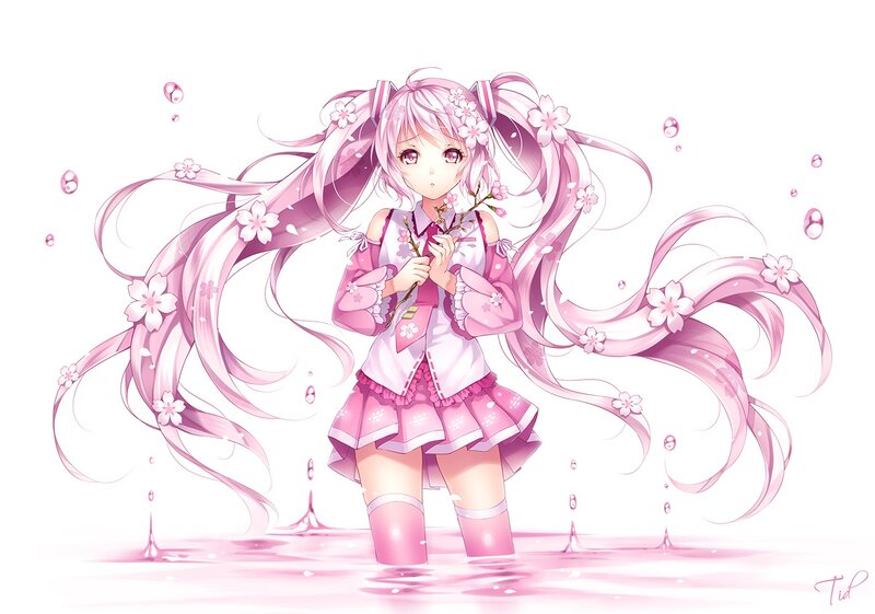 Pink-haired Anime Girl — Pink, Serene, Spring, Cherry Blossoms, Water