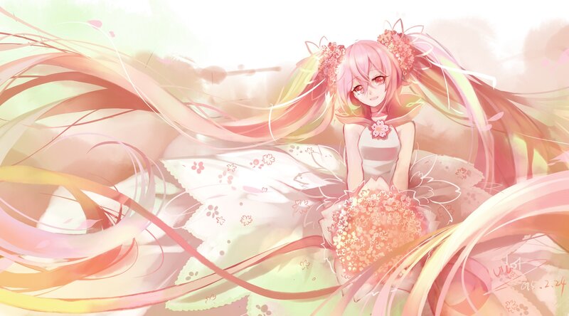 Pink-haired Anime Girl — Pink, Serene, Spring, Digital Art, Flowers