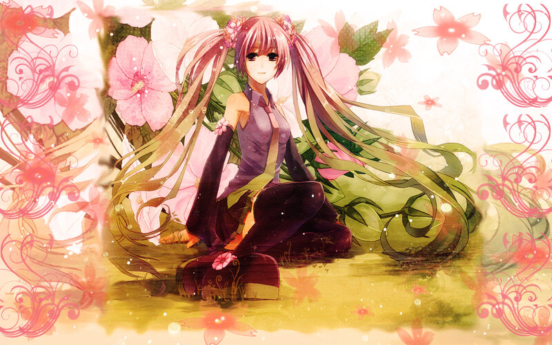 Pink-haired Anime Girl — Pink, Serene, Spring, Flowers, Long Hair, Sitting