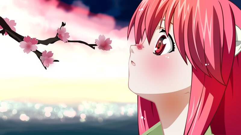 Pink-haired Anime Girl — Pink, Serene, Sunset, Cherry Blossoms
