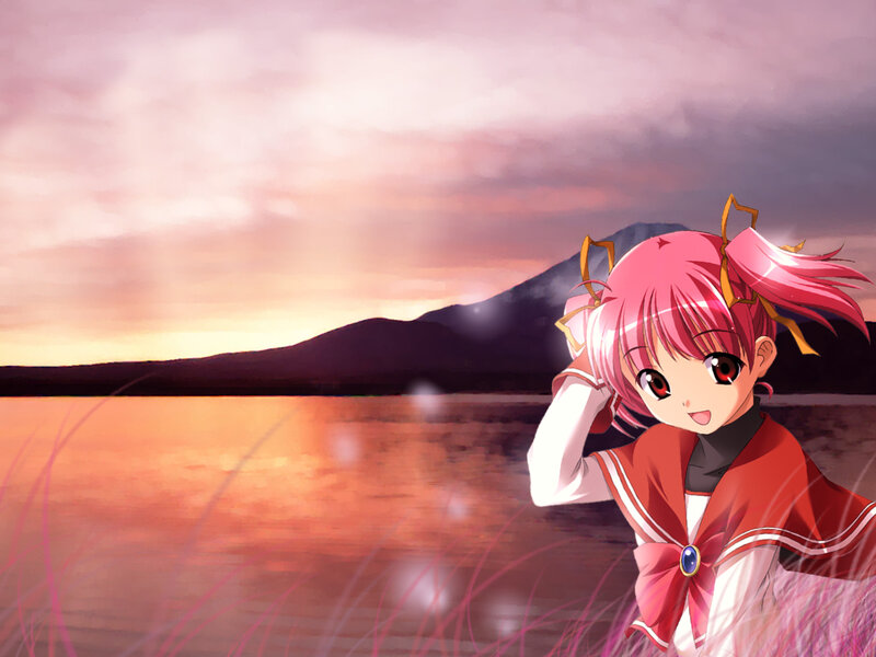 Pink-haired Anime Girl — Pink, Serene, Sunset, Lake