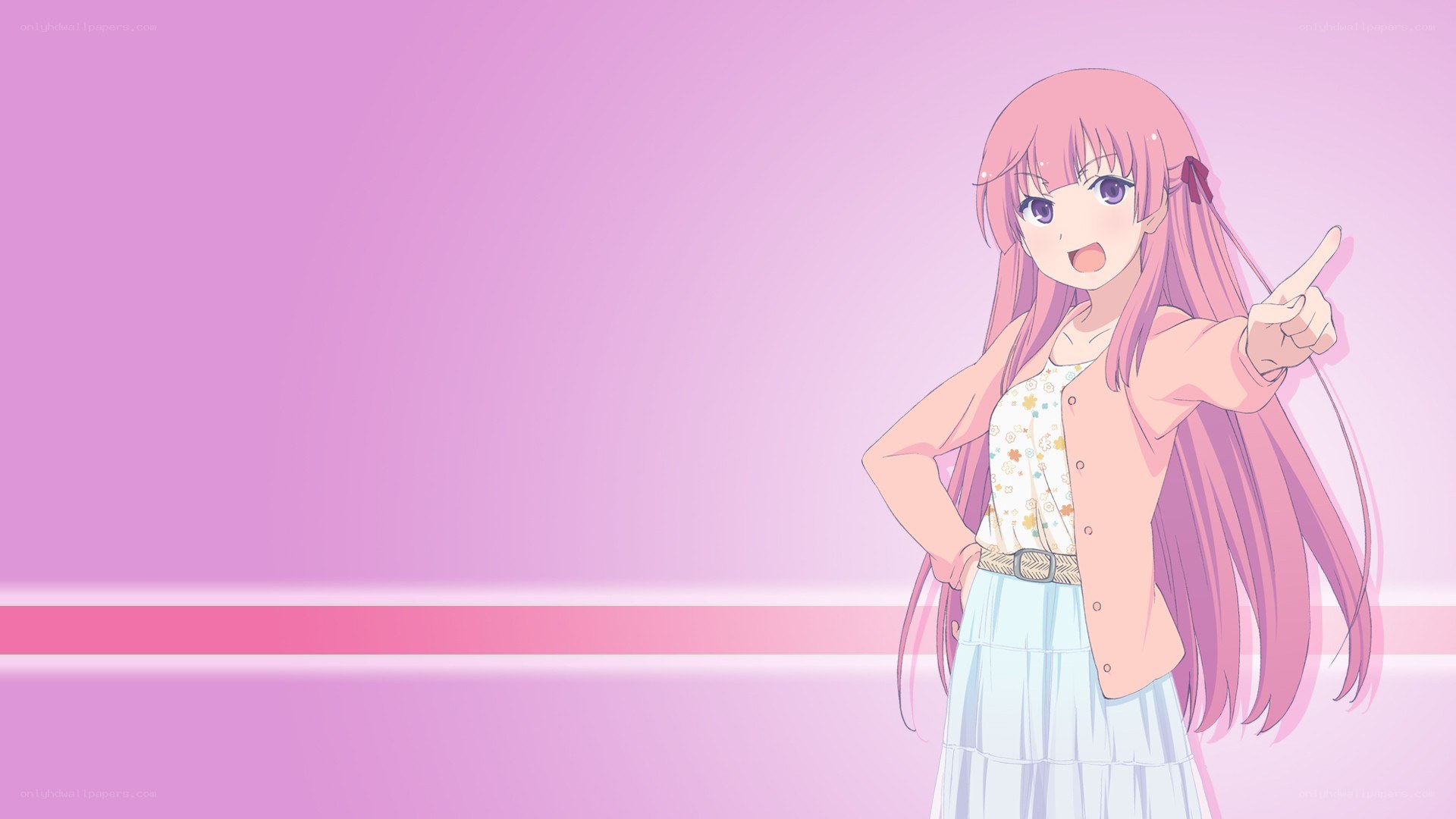 pink-haired anime girl pointing