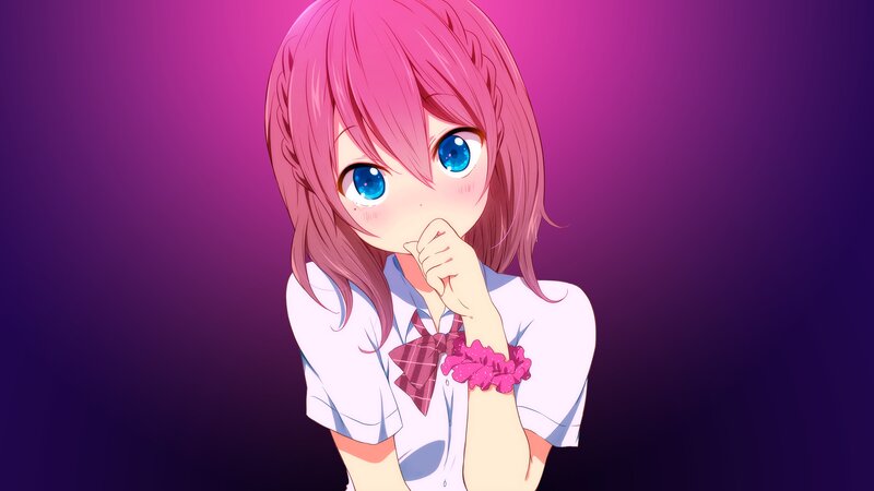 Pink-haired Anime Girl — Purple, Calm, School Uniform, Blue Eyes