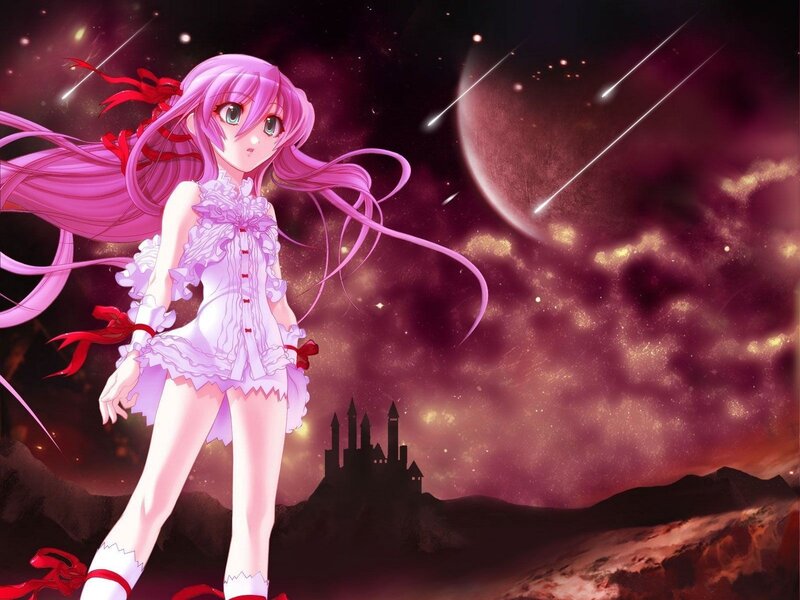 Pink-haired Anime Girl — Purple, Dramatic, Night, Castle