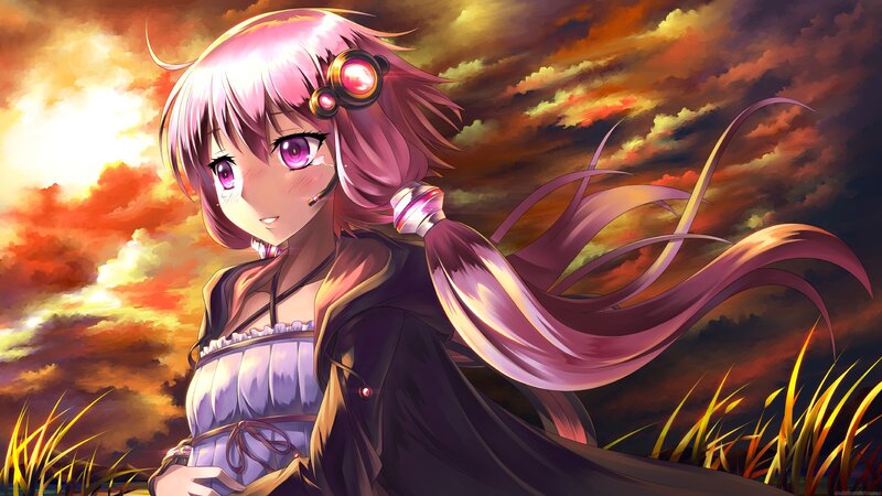 Pink-haired Anime Girl — Purple, Dramatic, Sunset, Grass