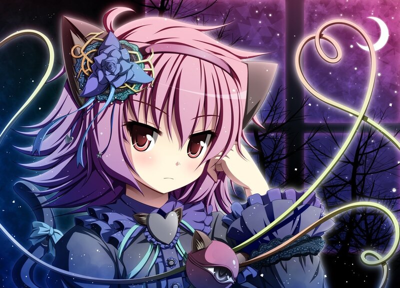 Pink-haired Anime Girl — Purple, Dreamy, Night, Cat Ears, Flower Accessory, Heart Pendant