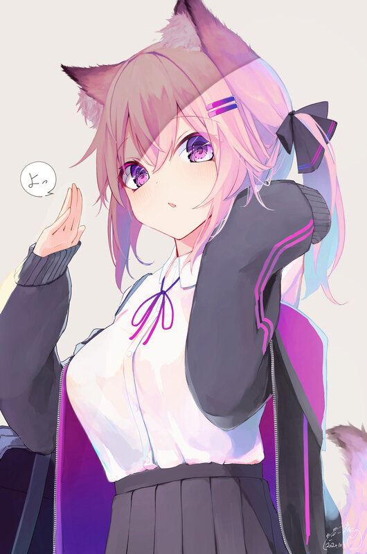 Pink-haired Anime Girl — Purple, Playful, Cat Ears