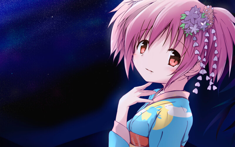 Pink-haired Anime Girl — Purple, Serene, Night, Flowers
