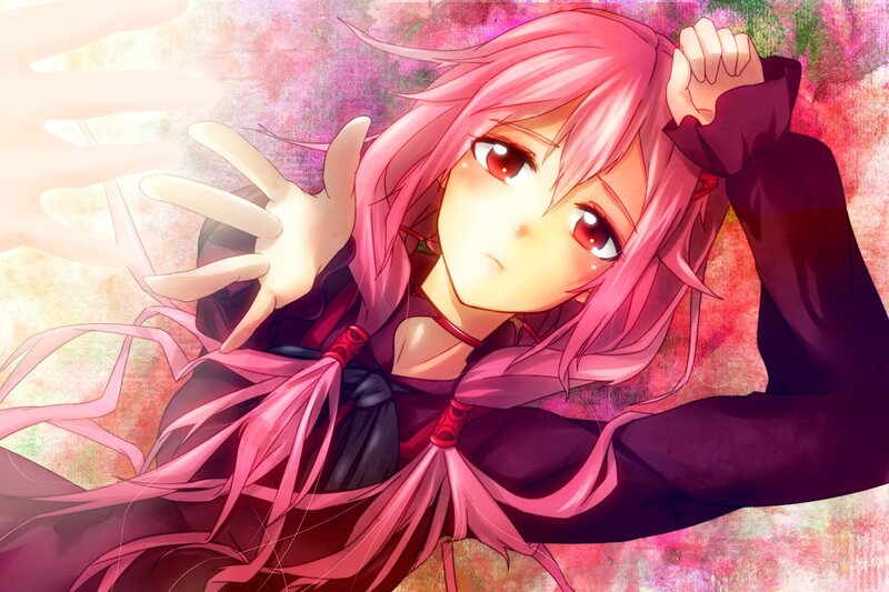 pink-haired anime girl reaching out
