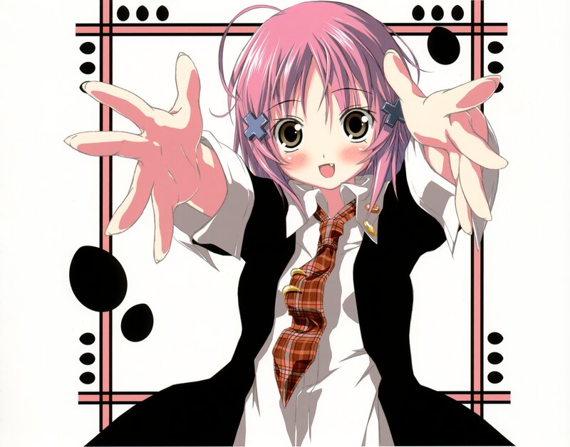 pink-haired anime girl reaching out