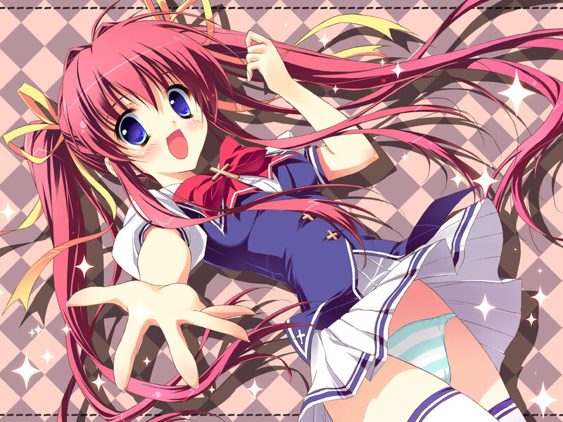 pink-haired anime girl reaching out