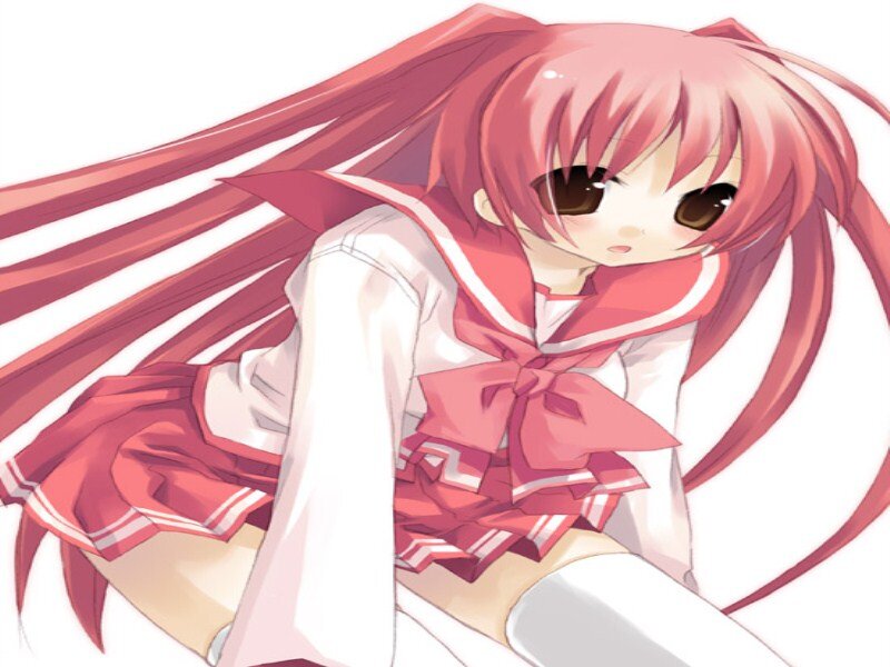 Pink-haired Anime Girl — Red, Calm, School Uniform