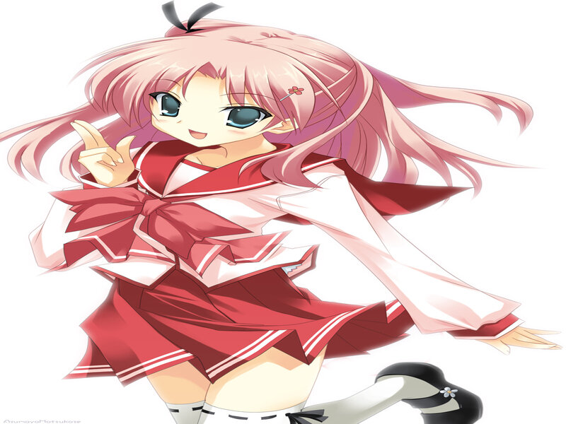 Pink-haired Anime Girl — Red, Cheerful, School Uniform