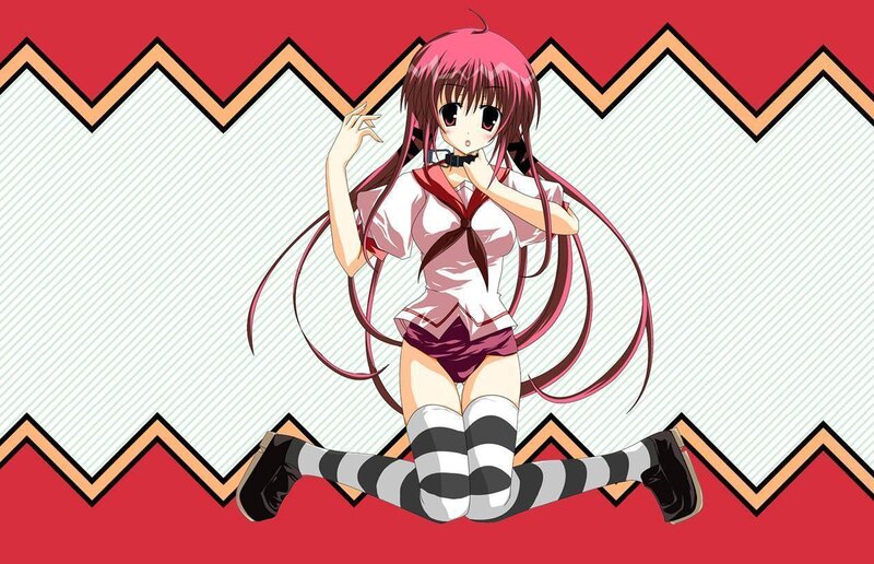 Pink-haired Anime Girl — Red, Playful, School Uniform, Striped Socks