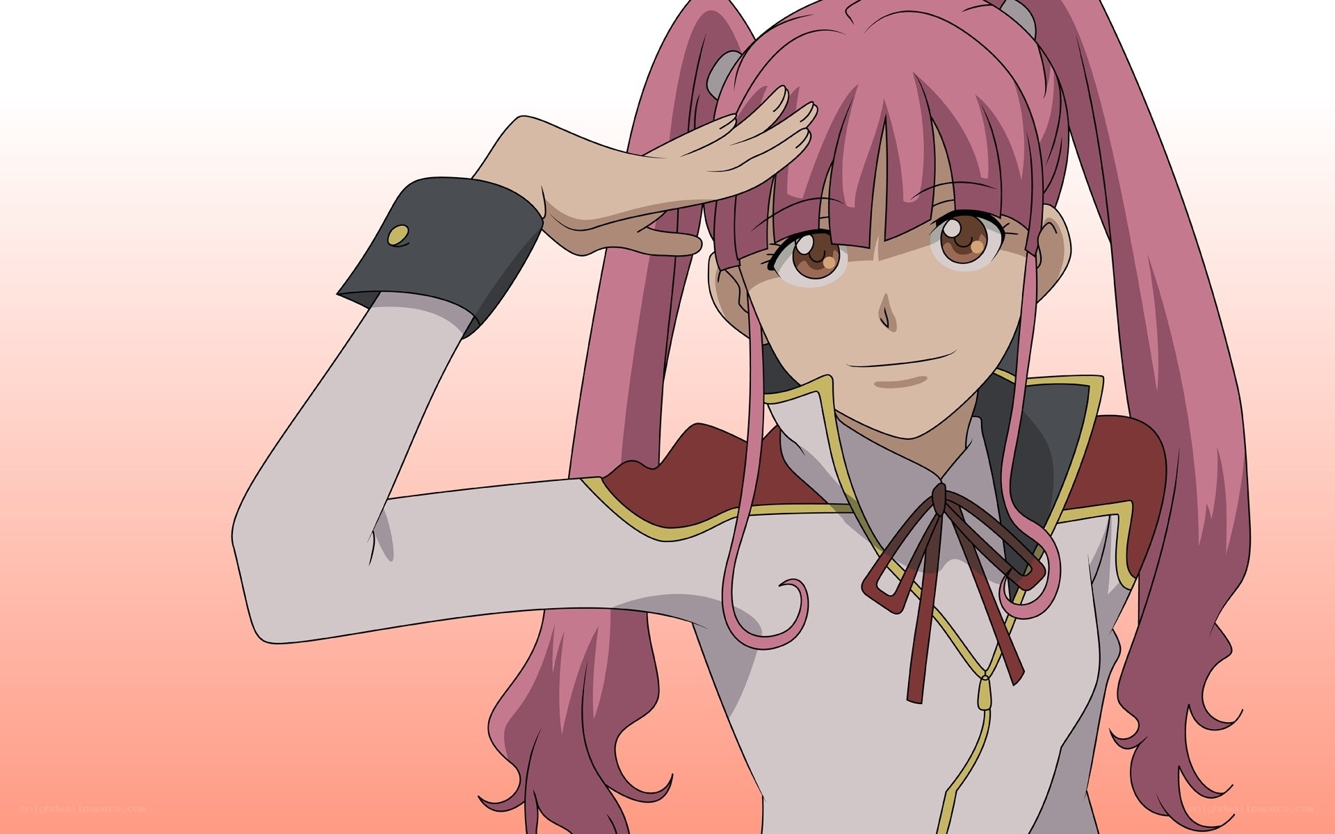 pink-haired anime girl saluting